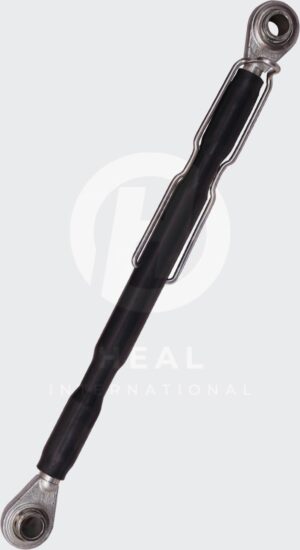 Heavy-Duty Adjustable Drag Link / Control Rod Assembly with black protective coating, dual Heim joints, and a silver anti-vibration spring clip.