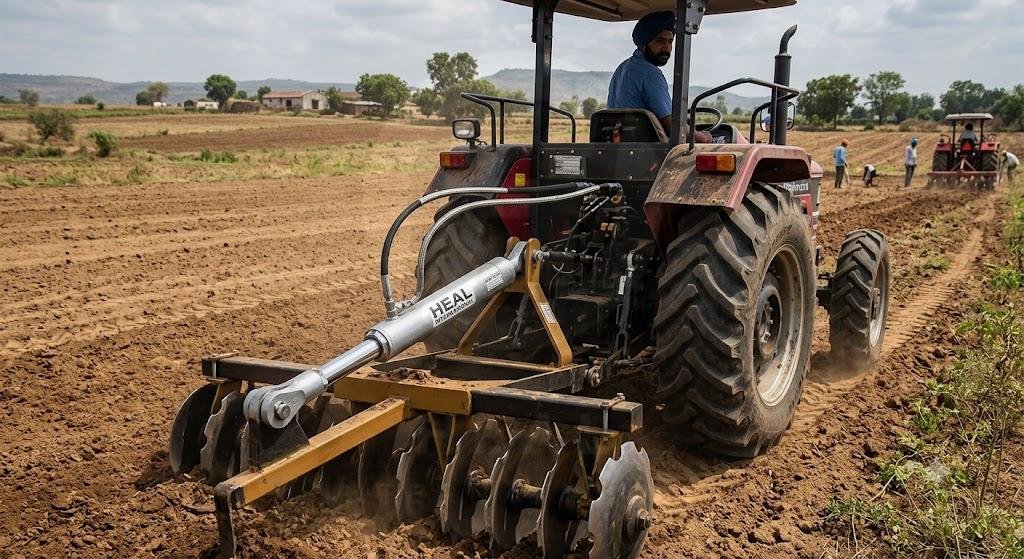 A tractor pulls a disc harrow across a field while a HEAL hydraulic top link assembly adjusts the rear linkage and soil dust trails behind.