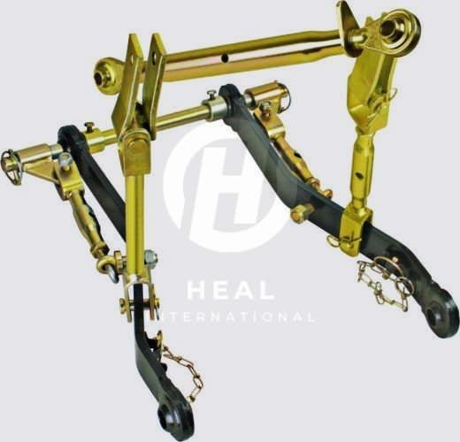 A forged steel tractor hitch assembly shows multiple linkage arms and coupling points from Heal International.