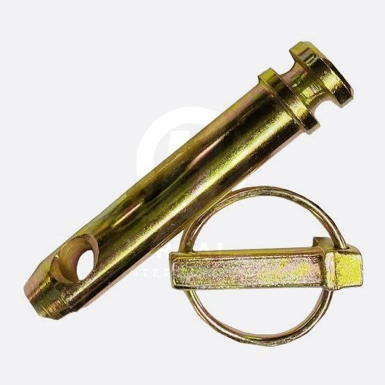 A zinc-plated tractor top link pin with locking ring sits beside a matching hitch pin on a white background.